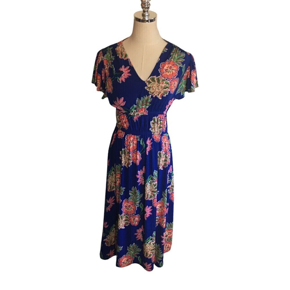 Leota Dress Women's Size Small Blue Multicolor Floral Short Sleeve V-Neck NEW